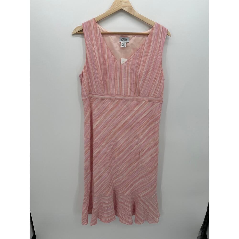 Ann Taylor Loft Vintage 90s‎ Pink Striped Linen Blend Ruffle Midi Dress Size 12